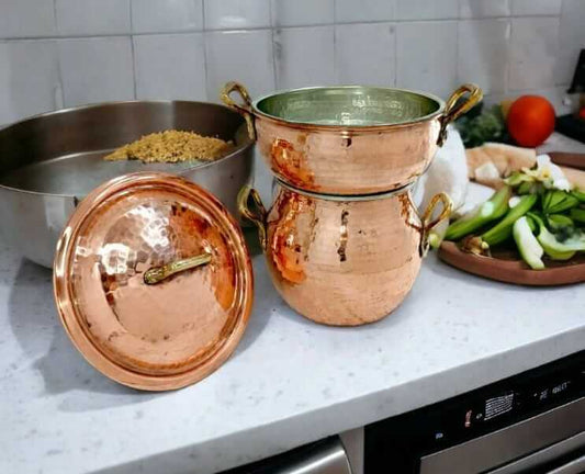 Handmade Moroccan Copper Couscoussier - Traditional 2-Tier Steamer Pot for CouscousVegetables Authentic Couscous Maker / hammered
