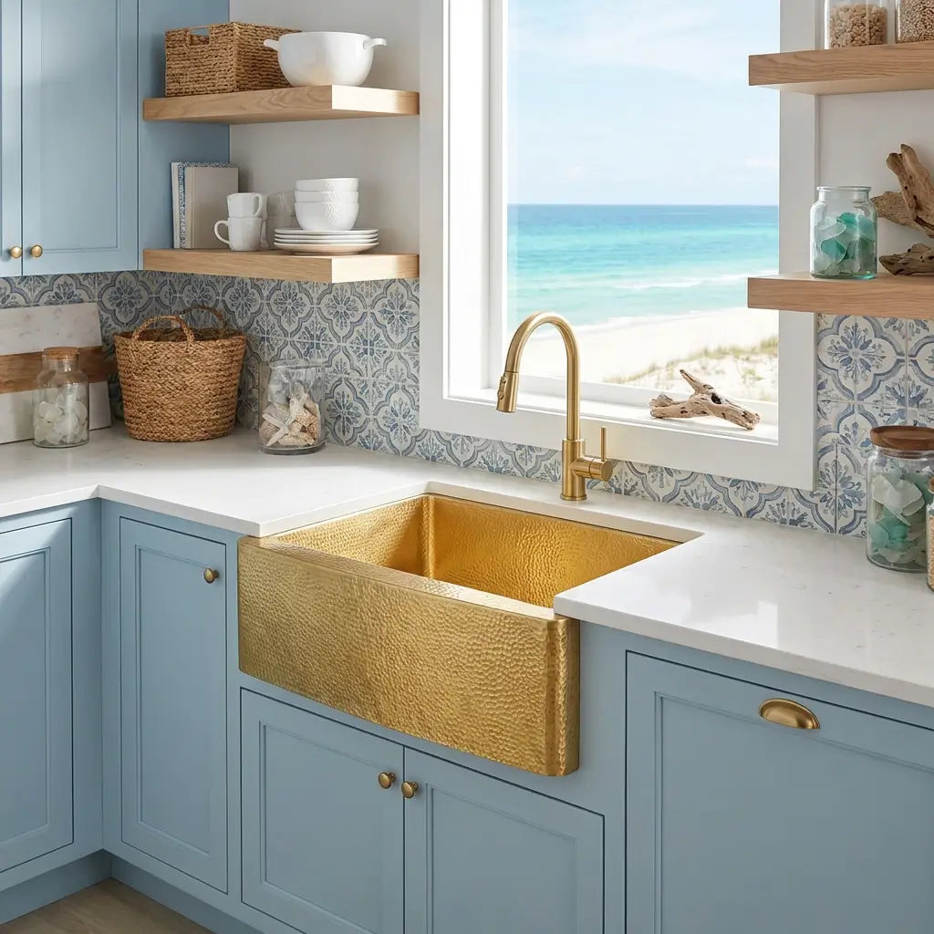 30-inch antimicrobial unlaquered brass farmhouse kitchen sink with curved apron front undermounted in light blue cabinets with ocean view window