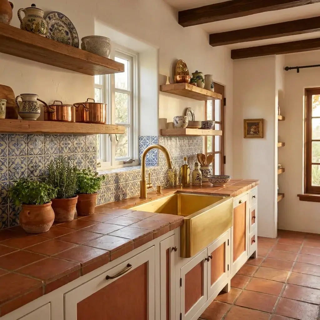 Rustic Mediterranean kitchen featuring a 30 inch unlacquered brass farmhouse sink set in terracotta tile countertops with decorated blue patterned backsplash.