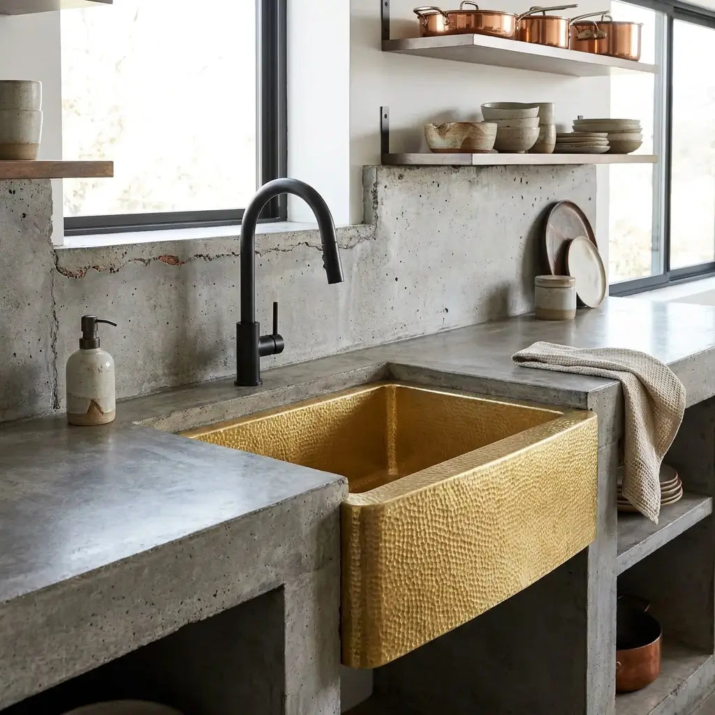30-inch artisan crafted unlaquered brass kitchen sink with curved apron front undermounted in a rustic concrete countertop with industrial black faucet