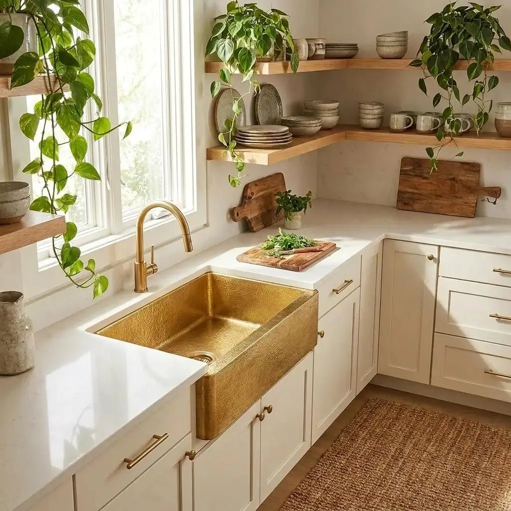 30-inch artisan quality unlaquered brass farmhouse kitchen sink with curved apron front installed with white cabinetry, open wooden shelves, and hanging green plants