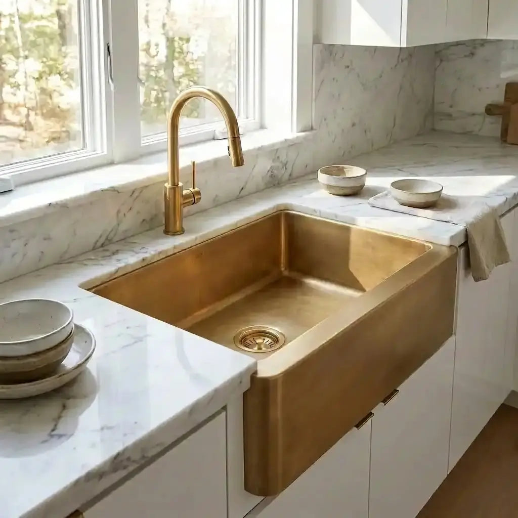Close up view of a 30 inch unlacquered brass farmhouse kitchen sink embedded in white veined marble countertops next to a bright window.
