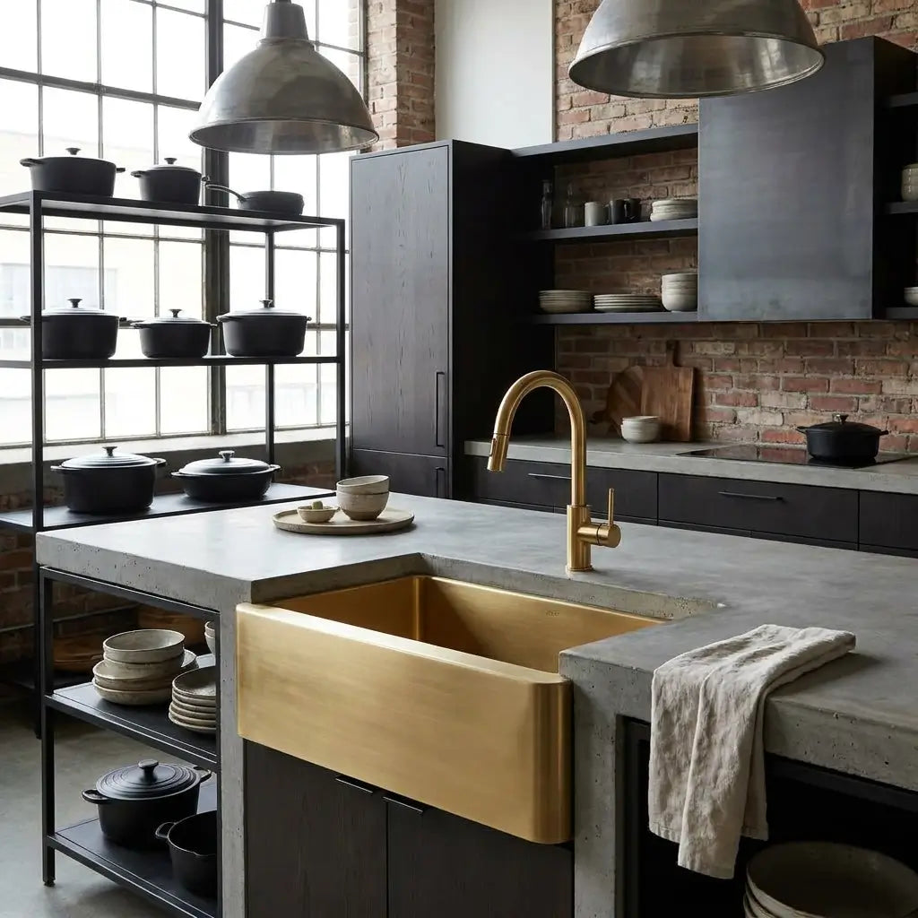 A 30 inch brushed unlacquered brass apron front sink installed in a modern industrial kitchen island with concrete countertops and dark cabinets.
