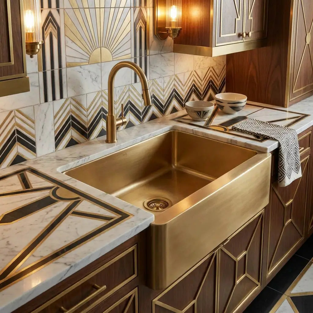 Elegant 30 inch unlacquered brass farmhouse sink seamlessly integrated into a luxury Art Deco kitchen featuring custom geometric inlaid tile backsplash and premium cabinetry.