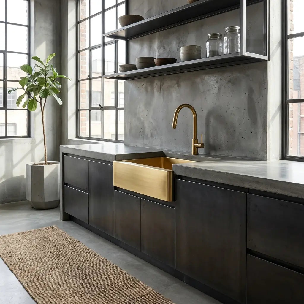 Industrial loft kitchen setup featuring a 30 inch brushed brass farmhouse apron sink installed within dark gray concrete cabinetry and large steel windows.
