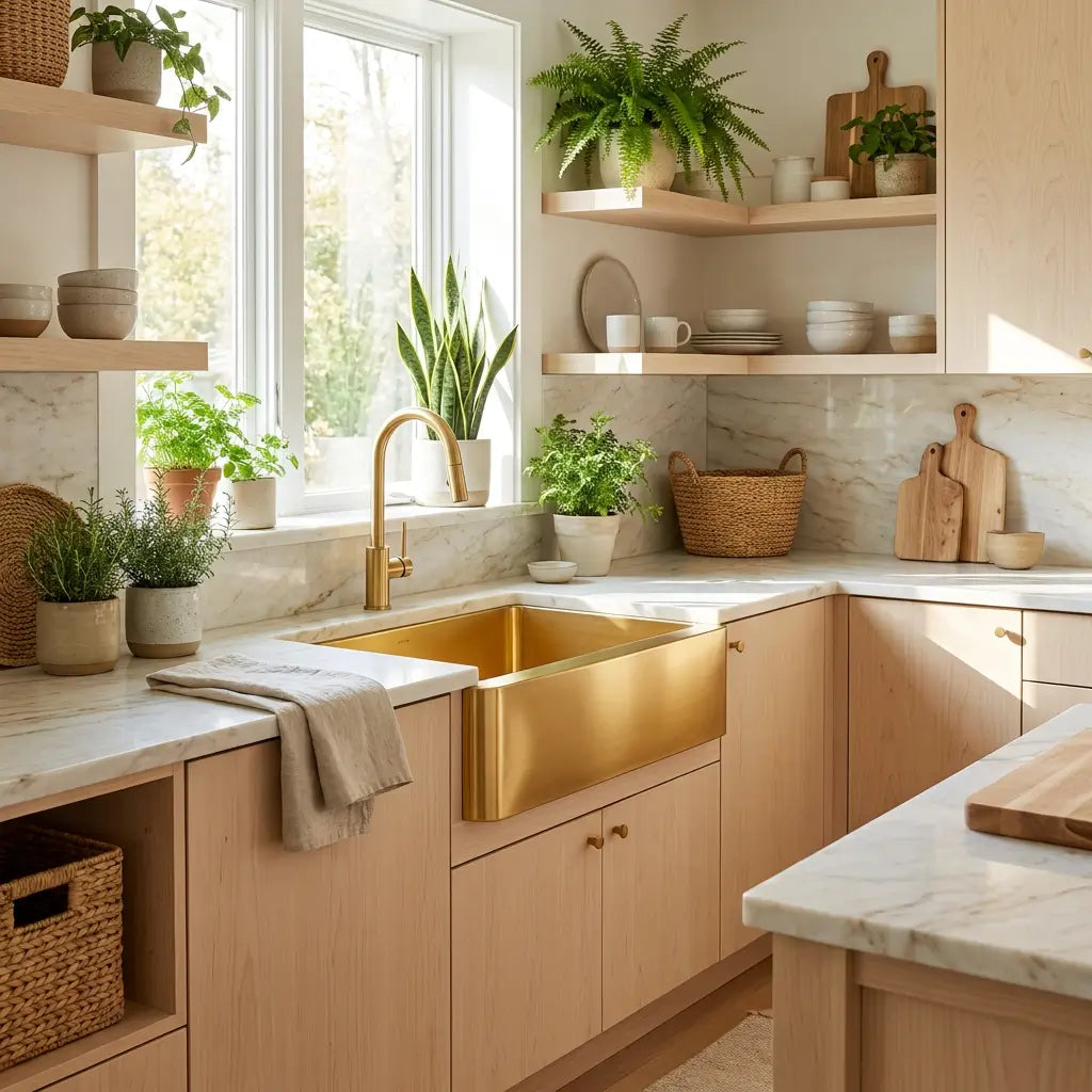 Bright organic modern kitchen showcasing a 30 inch unlacquered brass farmhouse apron sink surrounded by light wood cabinets and lush green houseplants.
