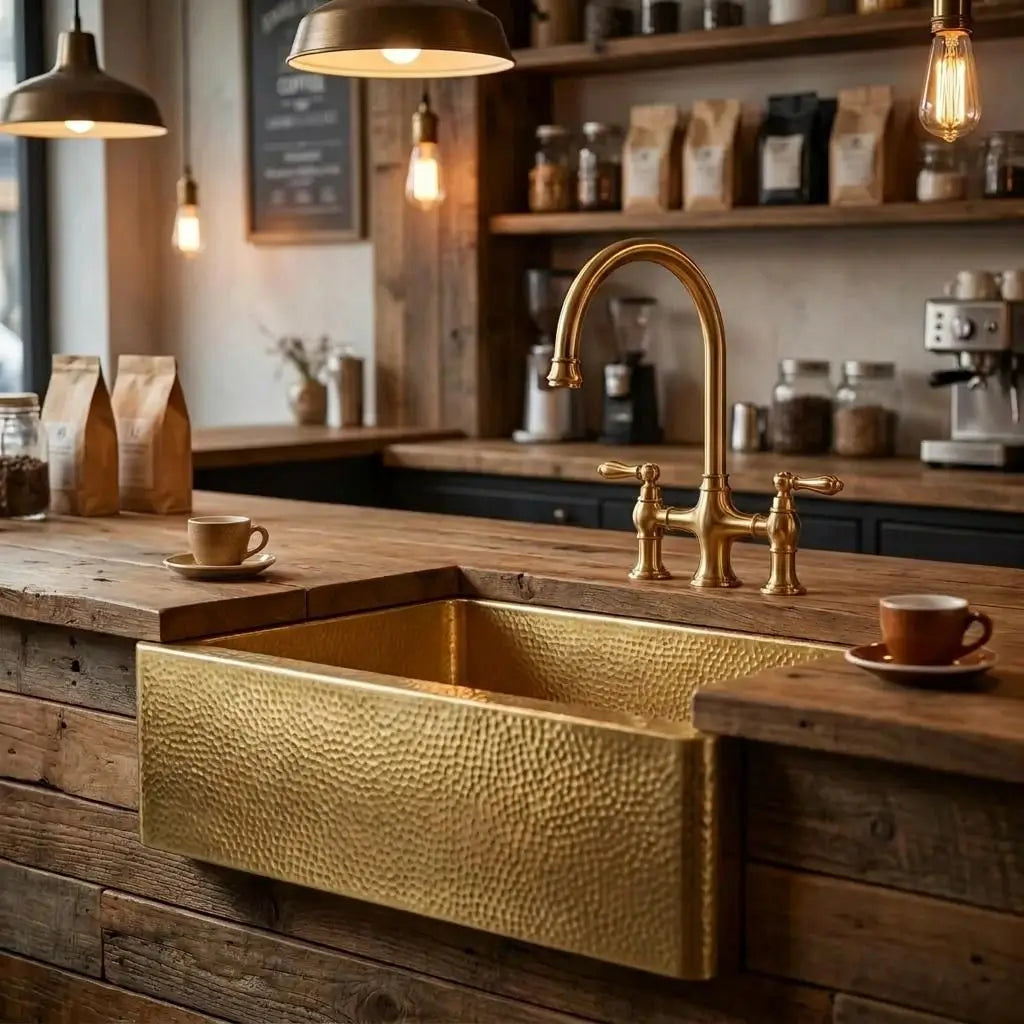 30-inch commercial grade unlaquered brass farmhouse kitchen sink with curved apron front undermounted in a rustic reclaimed wood coffee station island