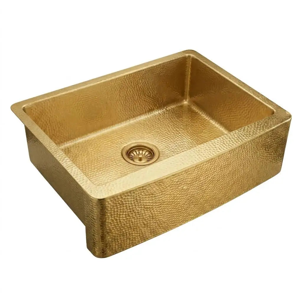 High-angle studio shot of a 30-inch unlaquered brass farmhouse kitchen sink showing a 10-inch deep bowl with built-in sound-dampening qualities on white background