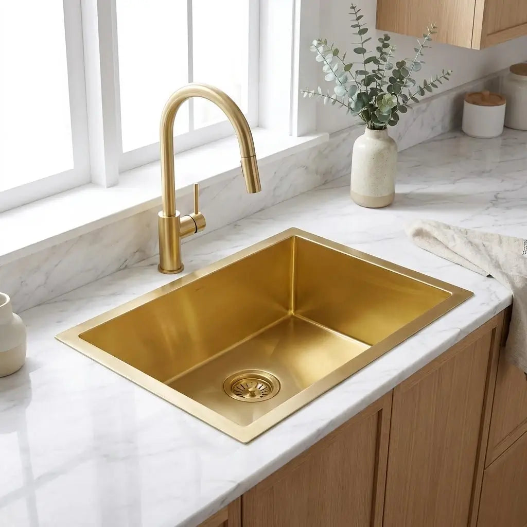 30 inch smooth copper kitchen sink top mount under window on white quartz countertop with gold faucet
