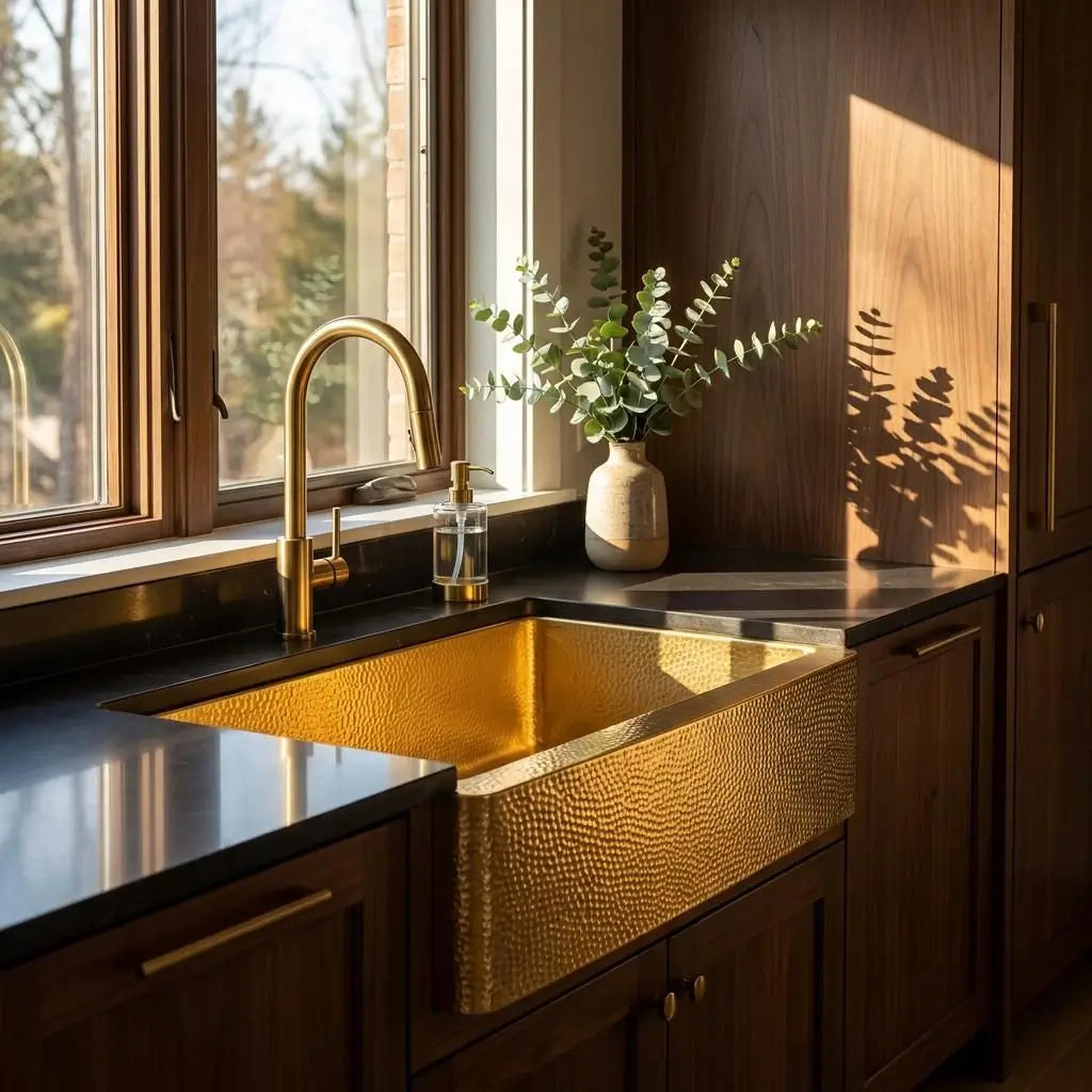 30-inch eco-friendly unlaquered brass farmhouse kitchen sink with curved apron front installed with dark quartz countertops under warm natural sunlight