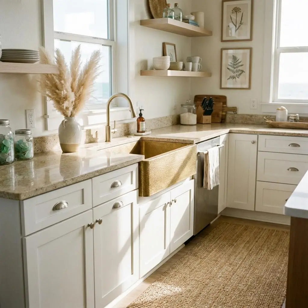 30-inch ergonomic design unlaquered brass farmhouse kitchen sink with curved apron front undermounted in light speckled granite countertops with white cabinets