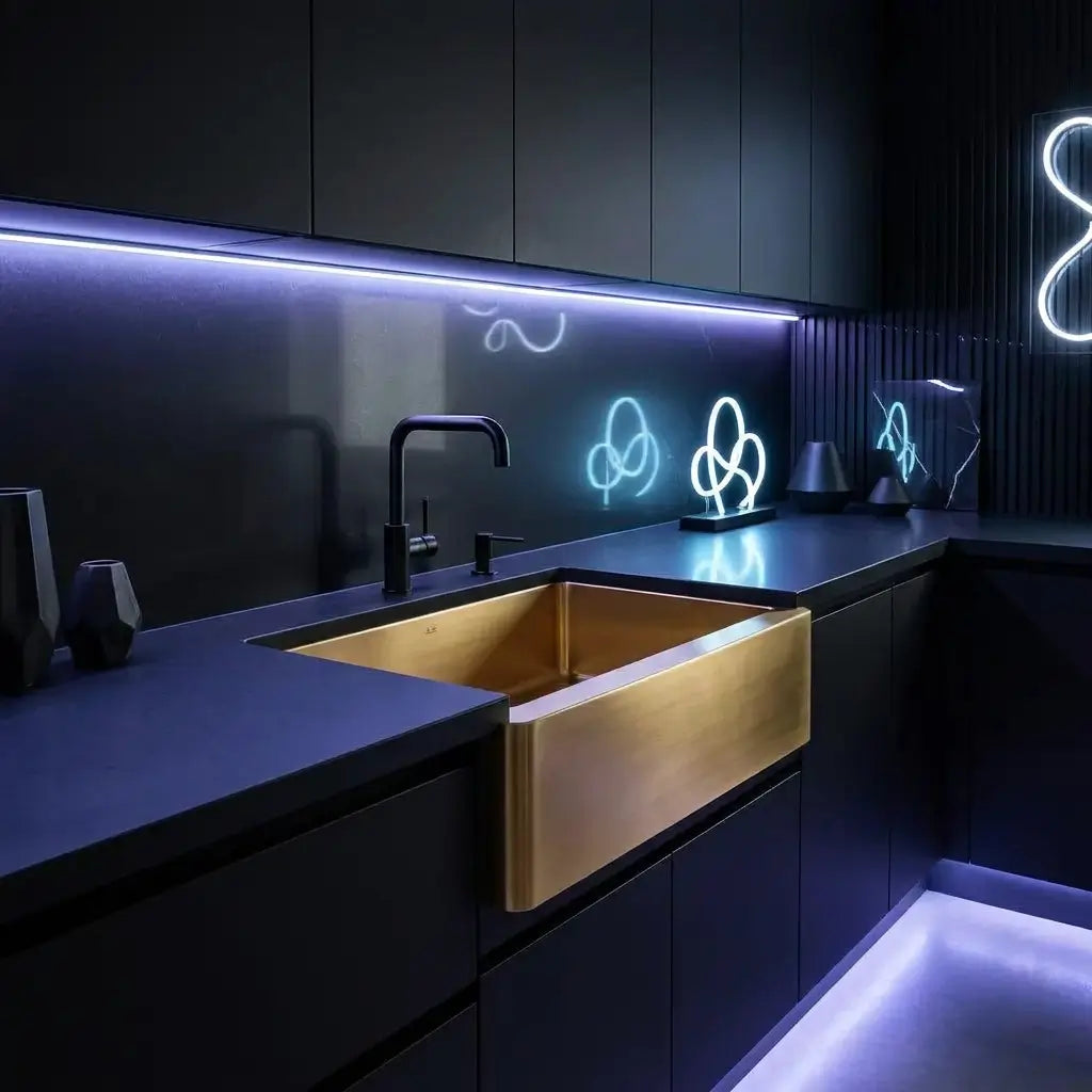 A 30 inch unlacquered brass apron front sink installed as a striking centerpiece in a dark contemporary kitchen featuring neon blue ambient lighting.