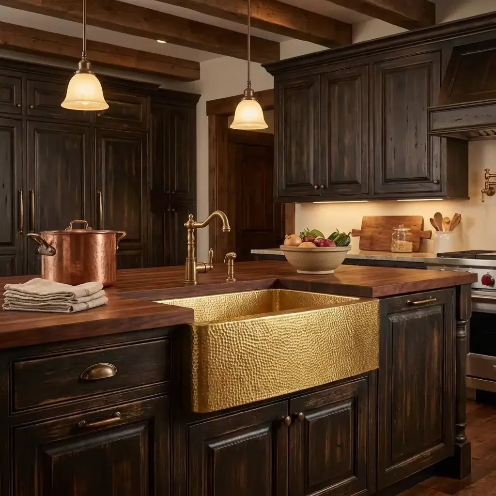 30-inch heavy gauge unlaquered brass farmhouse kitchen sink with curved apron front installed in dark rustic wood cabinets with butcher block countertop