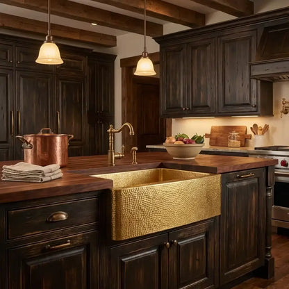 30-inch heavy gauge unlaquered brass farmhouse kitchen sink with curved apron front installed in dark rustic wood cabinets with butcher block countertop