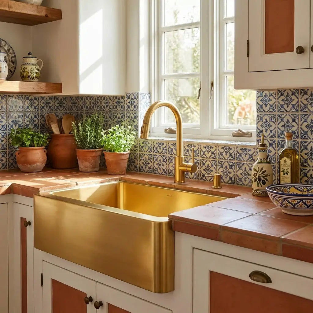 A close up side profile of a 30 inch unlacquered brass apron front kitchen sink with a living patina finish installed under a vintage tiled countertop.