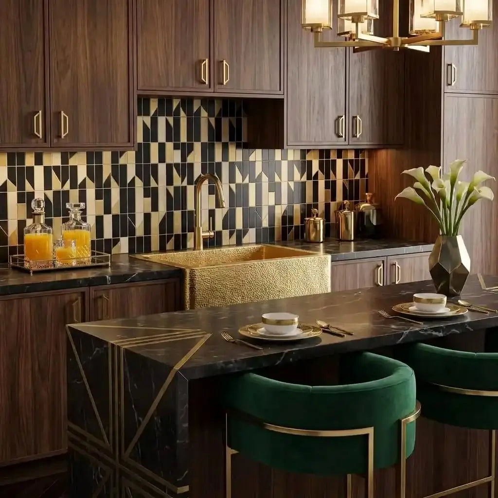 30-inch living patina unlaquered brass kitchen sink with curved apron front installed with geometric tiled backsplash and luxury dark marble island