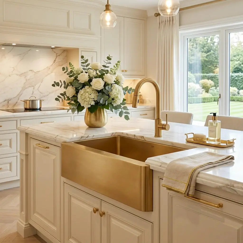 Premium 30 inch unlacquered brass farmhouse sink seamlessly integrated into a luxury white marble kitchen island with elegant surroundings.