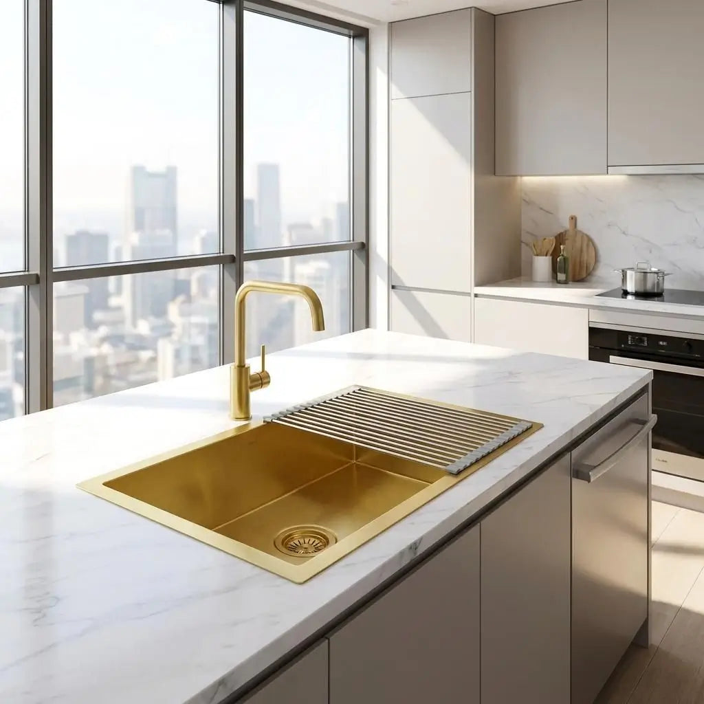 30 inch smooth copper kitchen sink undermount style with roll up drying rack on white modern island