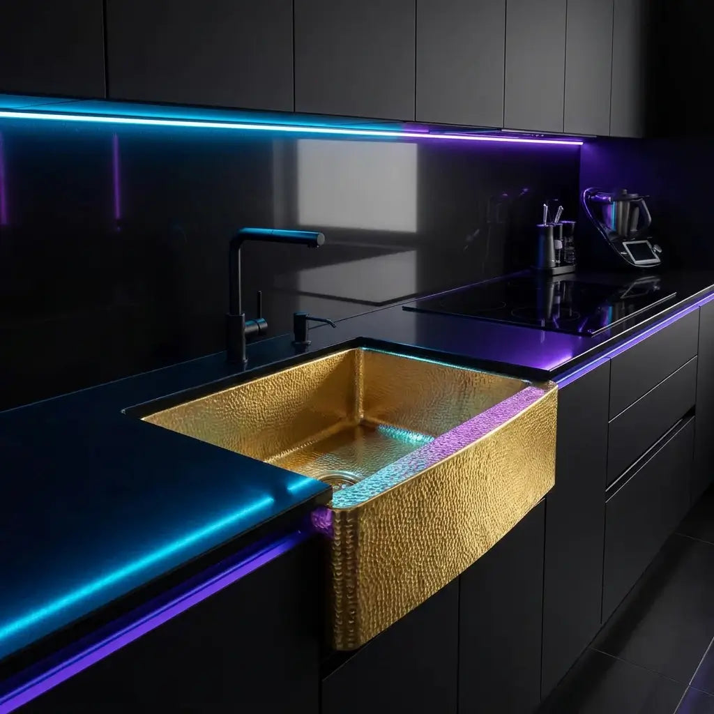30-inch hand-hammered unlaquered brass kitchen sink with curved apron front installed in modern black cabinets under blue LED strip lighting