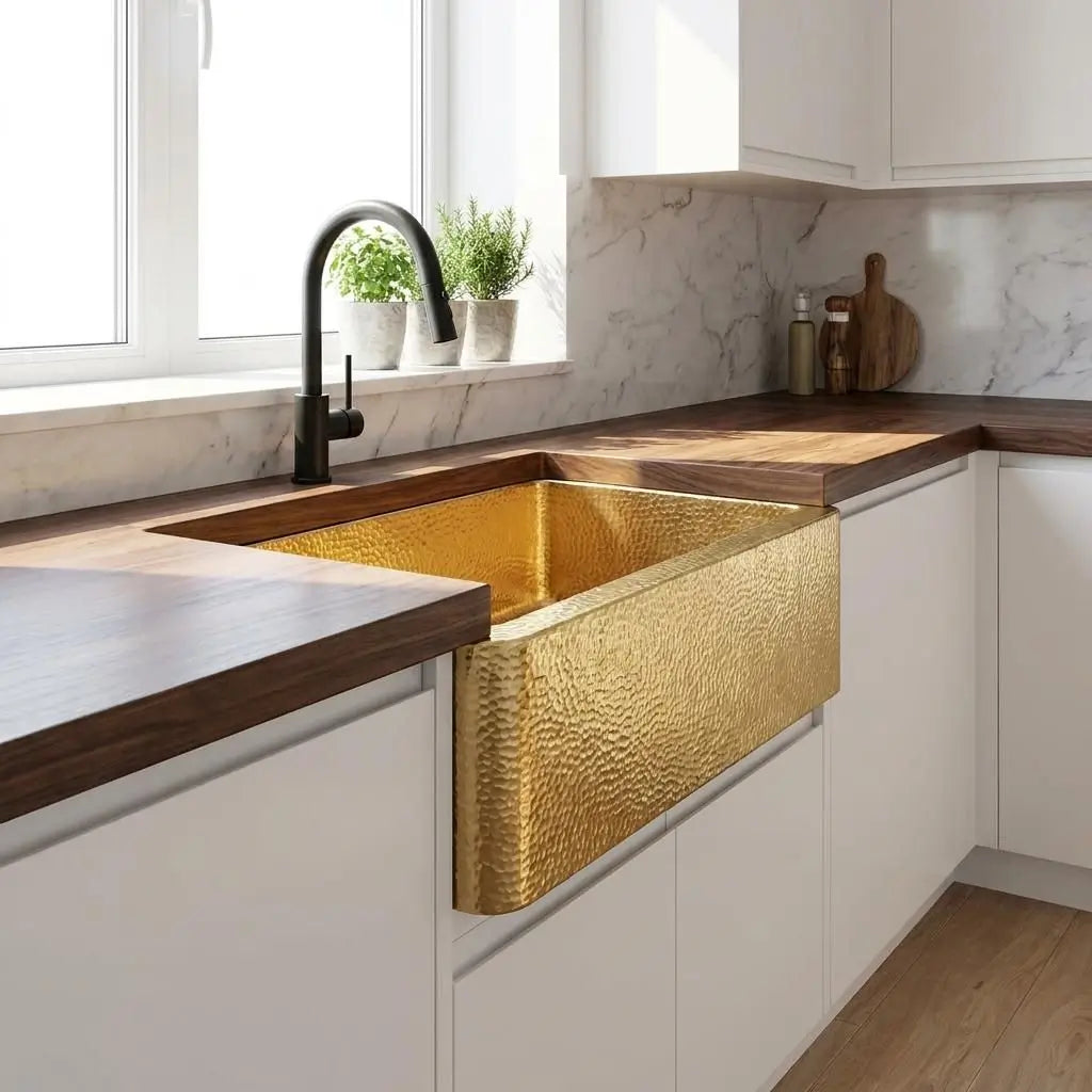 30-inch unlaquered brass kitchen sink with premium craftsmanship and curved apron front installed with white cabinets and a marble backsplash
