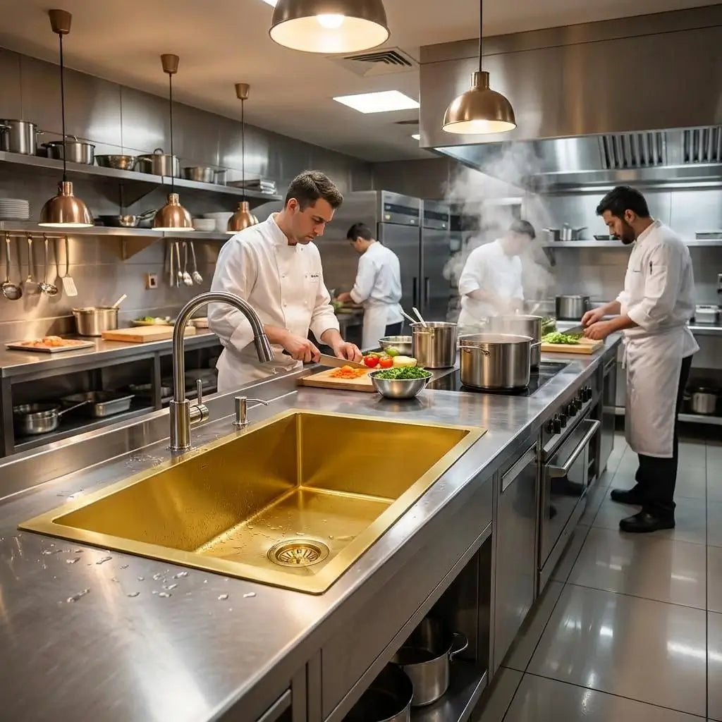 30 inch smooth copper kitchen sink dual mount installed in commercial restaurant kitchen with stainless steel countertops