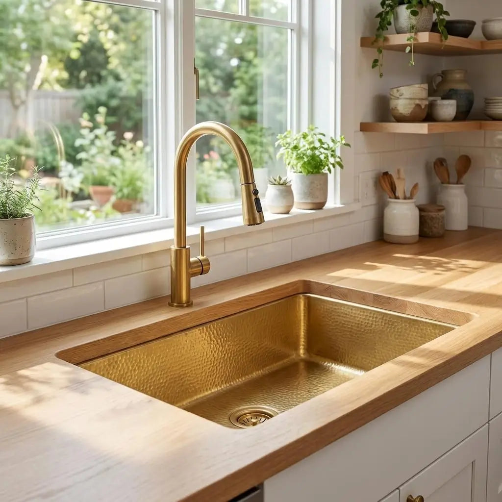 30 inch rectangular hammered copper kitchen sink installed undermount under a light wood tone countertop next to a bright window overlooking a garden