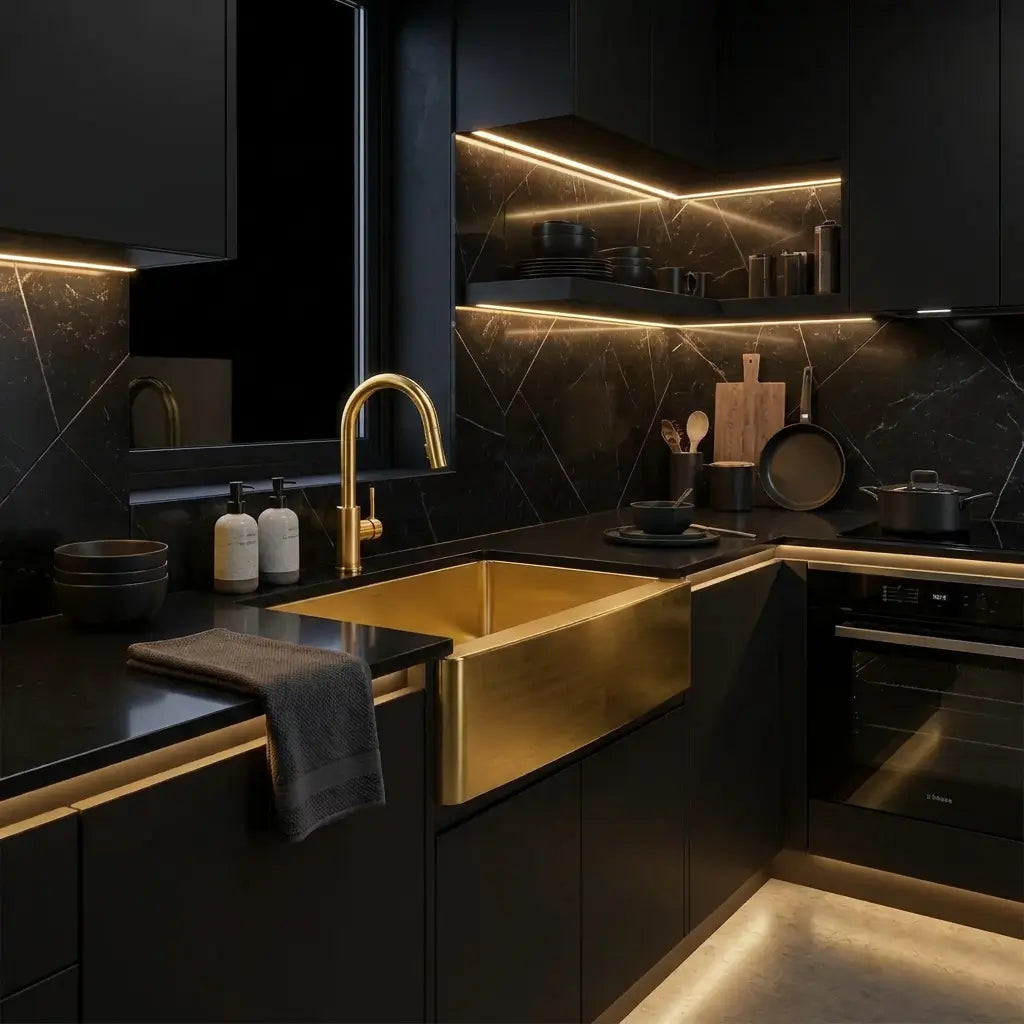 Luxury 30 inch unlacquered brass apron front sink paired with a black marble kitchen countertop and dark cabinetry illuminated by warm accent lighting.