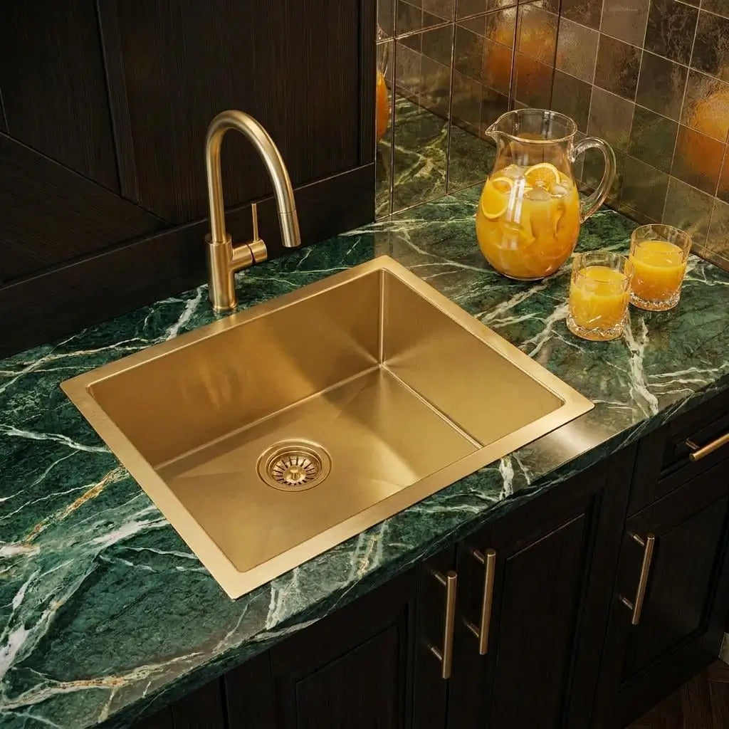 30 inch smooth copper kitchen sink drop in top mount installation on green marble countertop