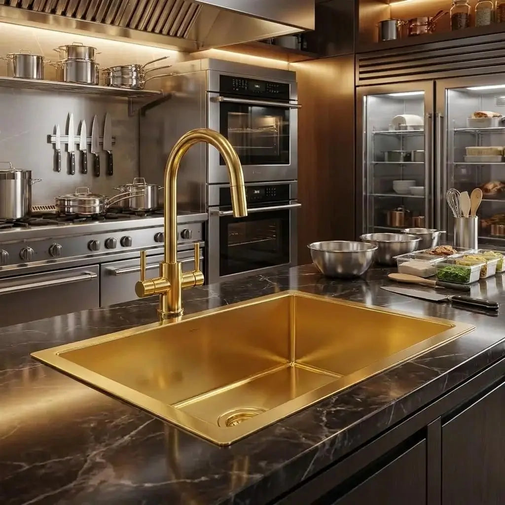 30 inch smooth copper kitchen sink drop in on dark veined marble countertop with gold faucet in luxury kitchen