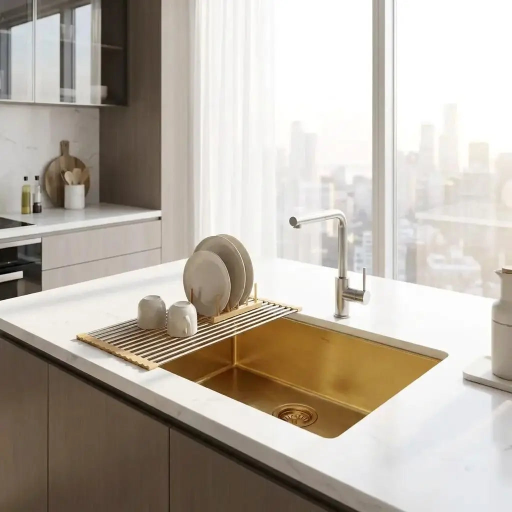 30 inch smooth copper kitchen sink undermount style with chrome faucet and roll up dish drying rack