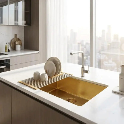 30 inch smooth copper kitchen sink undermount style with chrome faucet and roll up dish drying rack