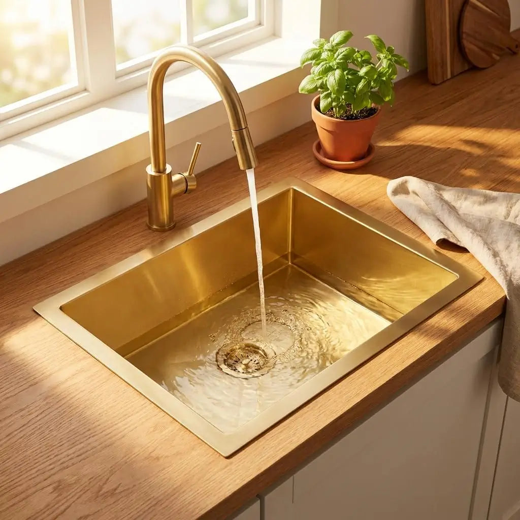 30 inch smooth copper kitchen sink top mount on wood butcher block countertop with gold faucet