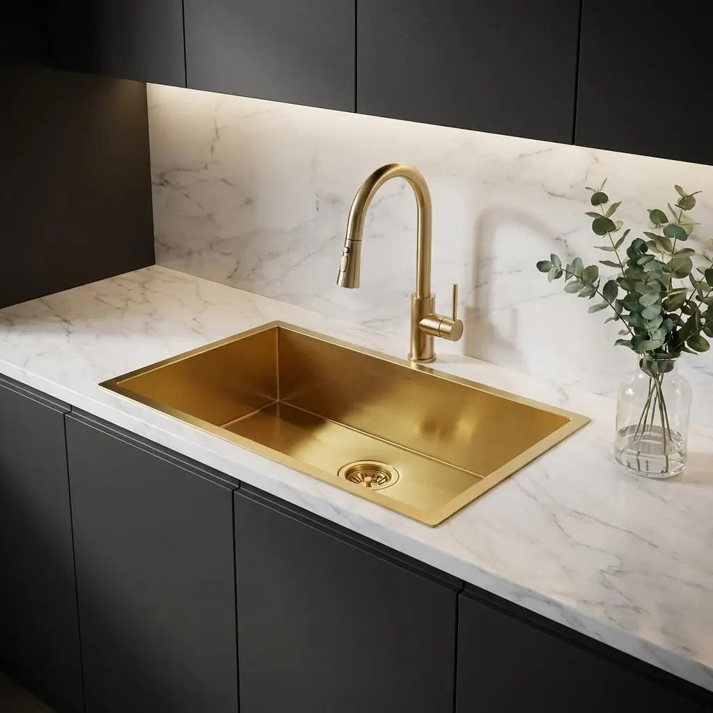High angle of 30 inch smooth copper kitchen sink top mount on white marble countertop with matching backsplash and dark charcoal cabinets