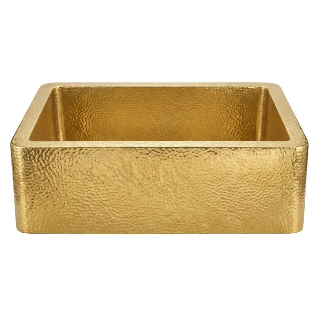 30-inch solid unlaquered brass farmhouse kitchen sink featuring deep single bowl hand-hammered texture and curved apron front on isolated white background