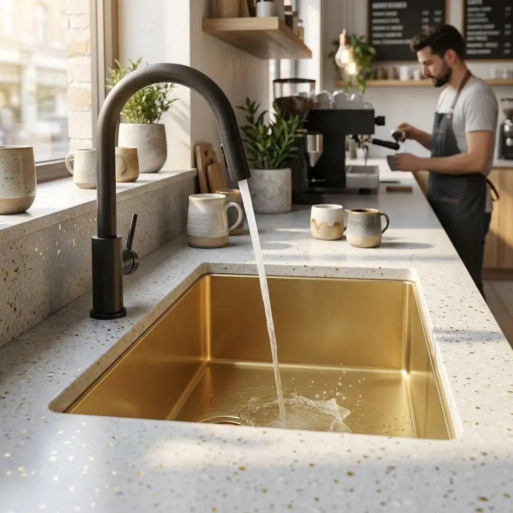 30 inch smooth copper kitchen sink undermount with matte black faucet on light terrazzo countertop