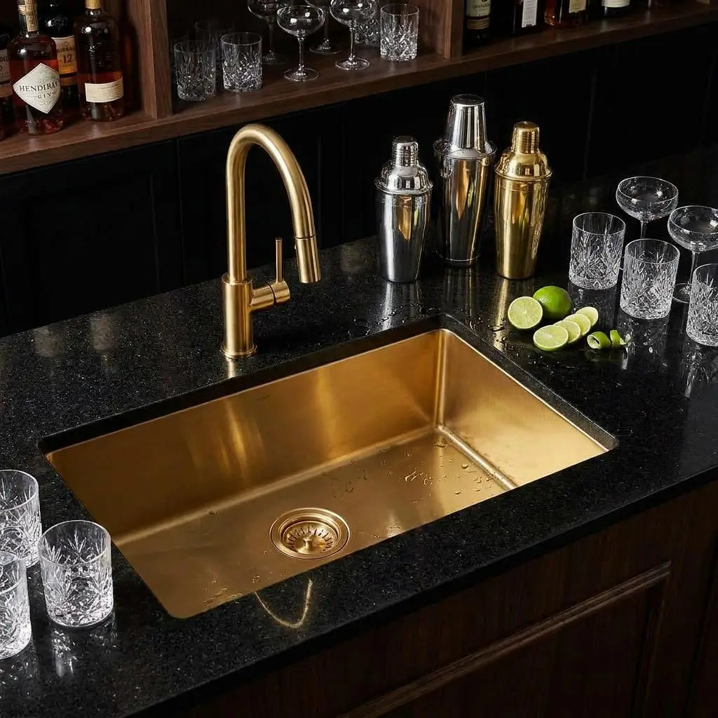 30 inch smooth copper bar sink undermount style on black glitter granite countertop with cocktail shakers