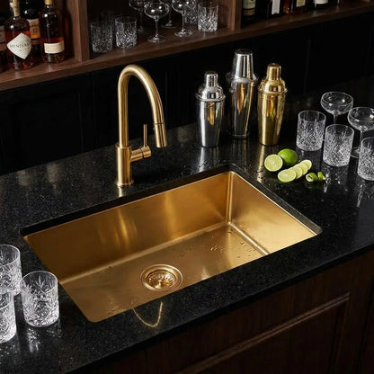 30 inch smooth copper bar sink undermount style on black glitter granite countertop with cocktail shakers