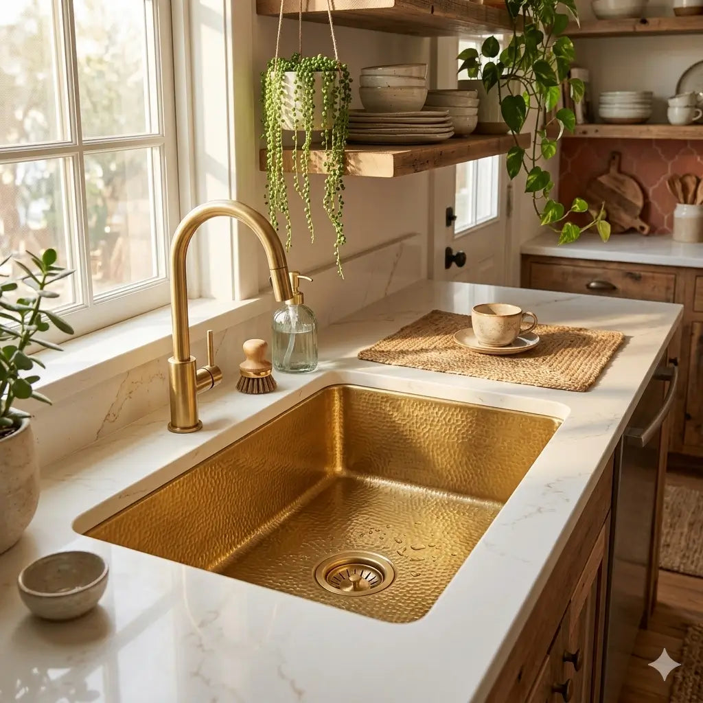 30 inch single bowl rectangular hammered copper kitchen sink installed undermount next to a window in a rustic farmhouse style kitchen