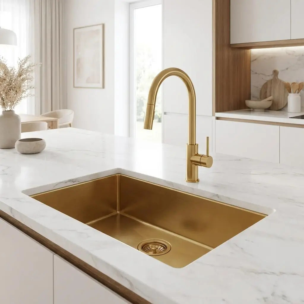 30 inch smooth copper kitchen sink undermount installation on white veined quartz island countertop with matching faucet