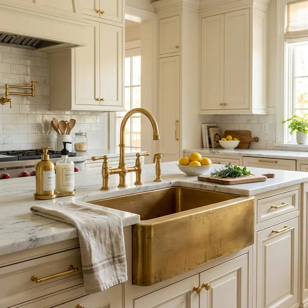 Main lifestyle view of a 30 inch unlacquered brass farmhouse kitchen sink featuring a smooth apron front finish integrated into luxury white cabinetry.