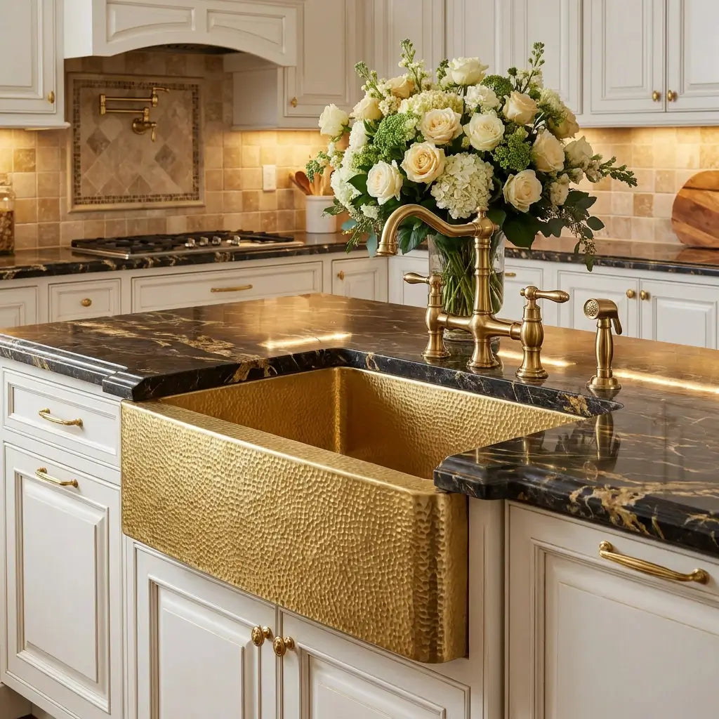30-inch hand-hammered unlaquered brass apron front kitchen sink installed in a white kitchen island with black marble countertop