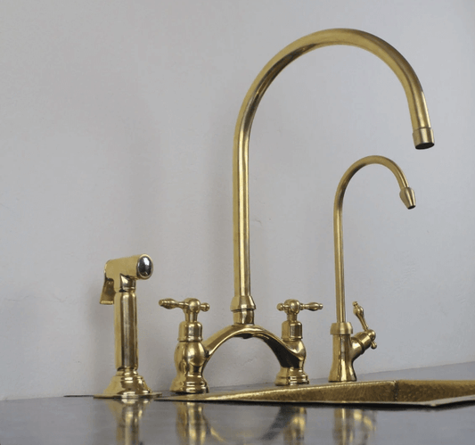 unlacquered brass kitchen bridge faucet vectorian style with sprayer & cold water faucet