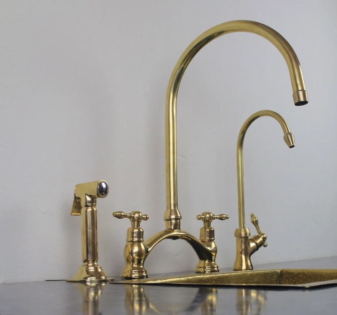 unlacquered brass kitchen bridge faucet vectorian style with sprayer & cold water faucet