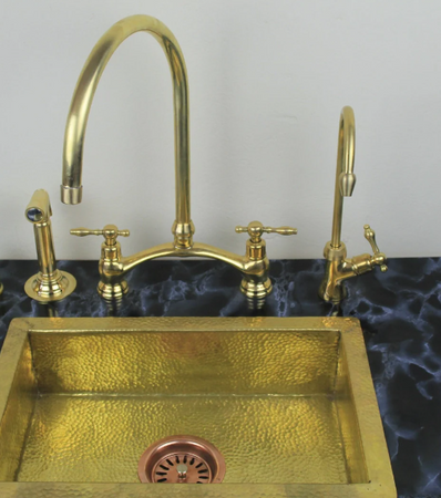unlacquered brass kitchen bridge faucet vectorian style with sprayer & cold water faucet