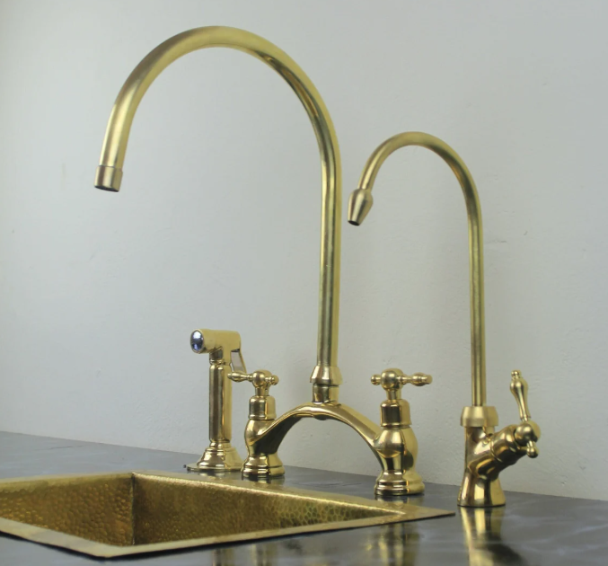 unlacquered brass kitchen bridge faucet vectorian style with sprayer & cold water faucet