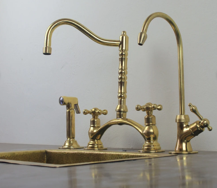 victorian classic kitchen bridge faucet with side sprayer & cold water faucet ,modern unlacquered brass bridge faucet