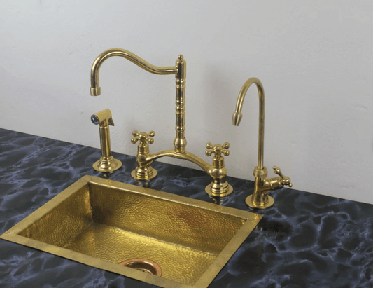 Victorian Classic Kitchen Bridge Faucet - Modern Unlacquered Brass / Bridge Faucet,Cold Water Faucet,FAUCET,Kitchen Faucet,Modern Unlacquered Brass,Side Sprayer,Victorian Classic