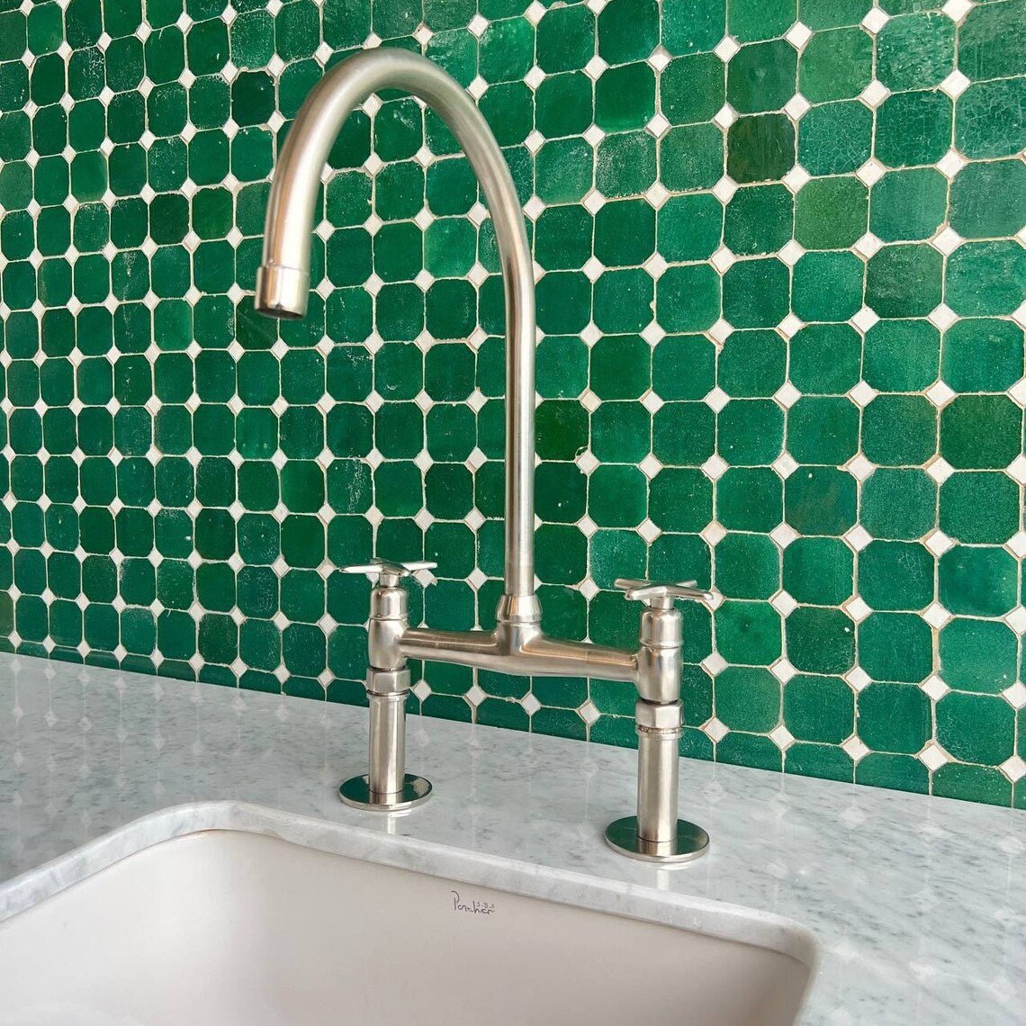 Nickel 8" Bridge Faucet, Vintage Kitchen Faucet, Bridge Faucet with Cross Handles and Straight Legs, Kitchen Faucet With Hand Sprayer Faucet