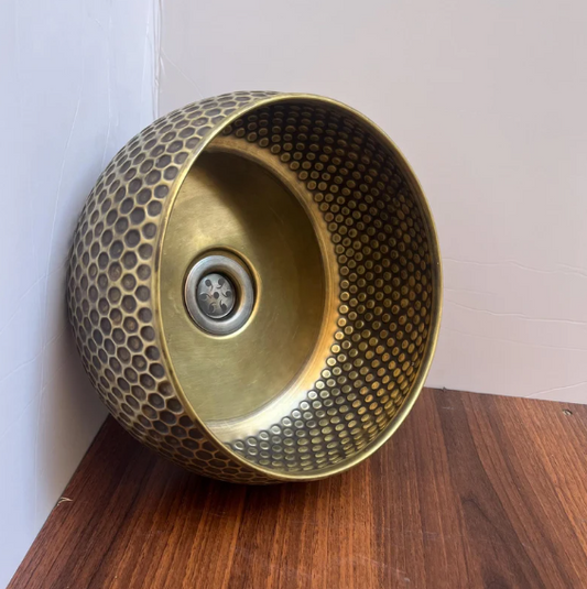 14"x6" inch Modern Custom Made Brushed Brass bathroom sink, Vessel Copper Sink, Copper Drain Included