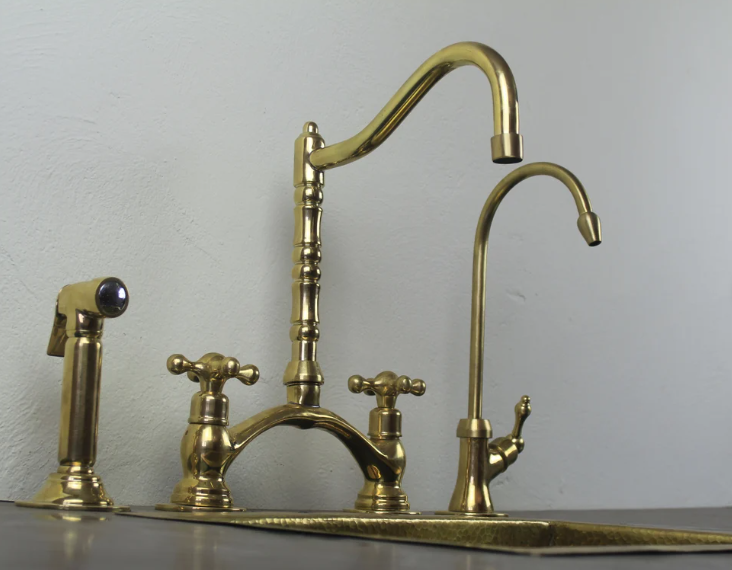 victorian classic kitchen bridge faucet with side sprayer & cold water faucet ,modern unlacquered brass bridge faucet